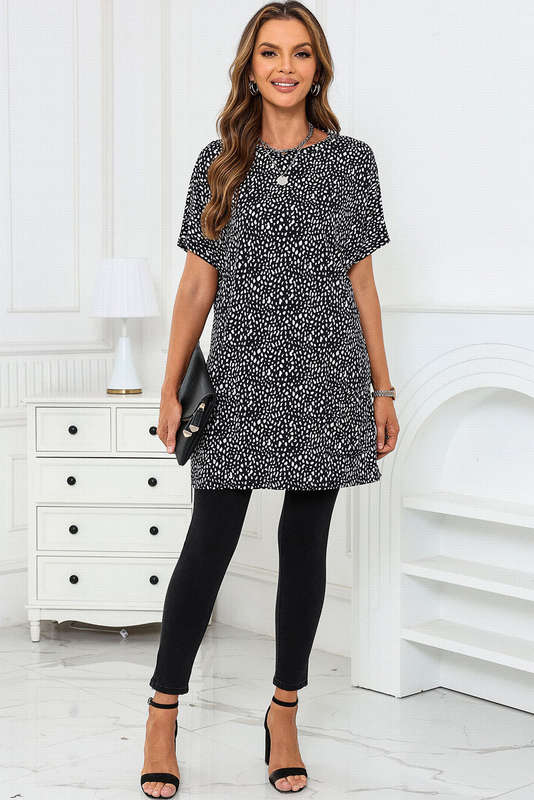 Black Leopard Print Side Pockets Tunic Top