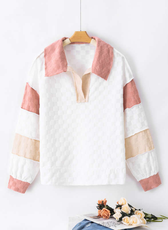 White Plaid Patchwork Exposed Seam V Neck Loose Blouse