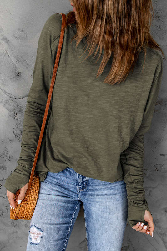 Green Solid Crew Neck Long Sleeve Long Sweatshirt