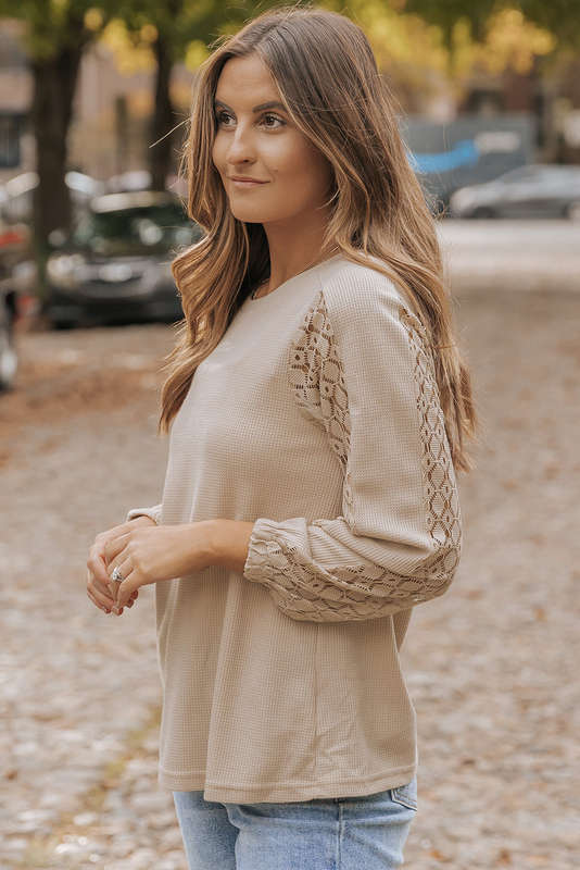 Flaxen Lace Patch Sleeve Waffle Knit Top