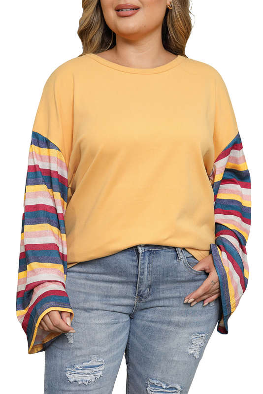 Yellow Serape Striped Bell Sleeve Plus Size Top