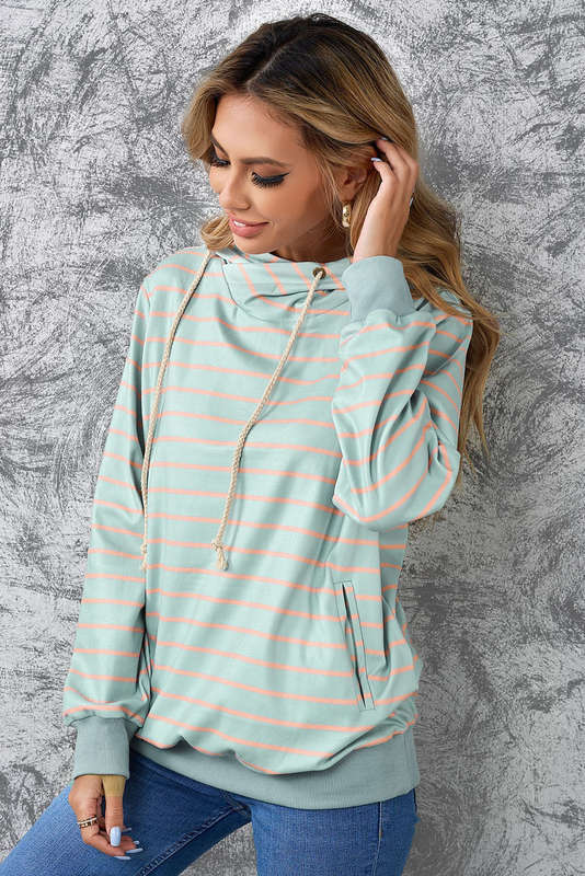 Green Striped Turtleneck Hoodie with Pocket
