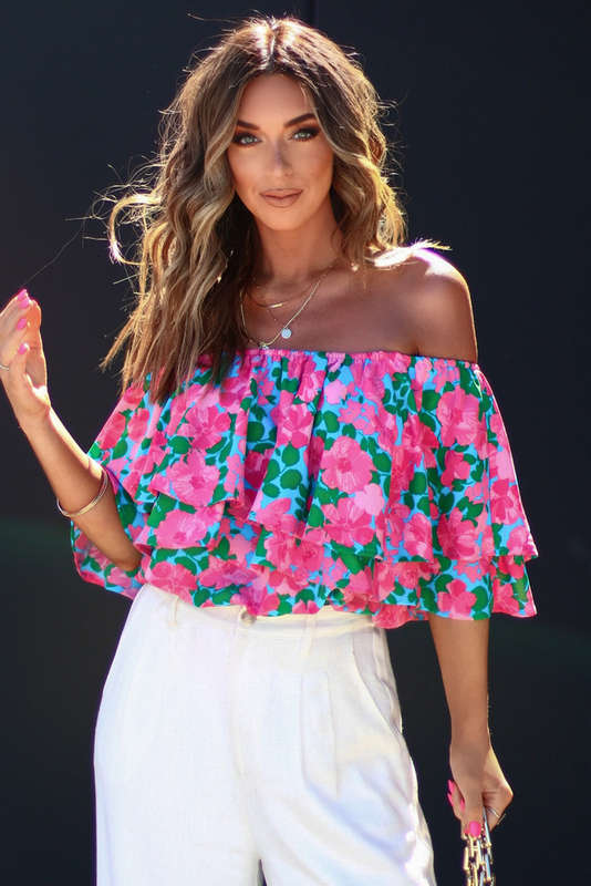 Rose Floral Off-Shoulder Tiered Ruffle Blouse