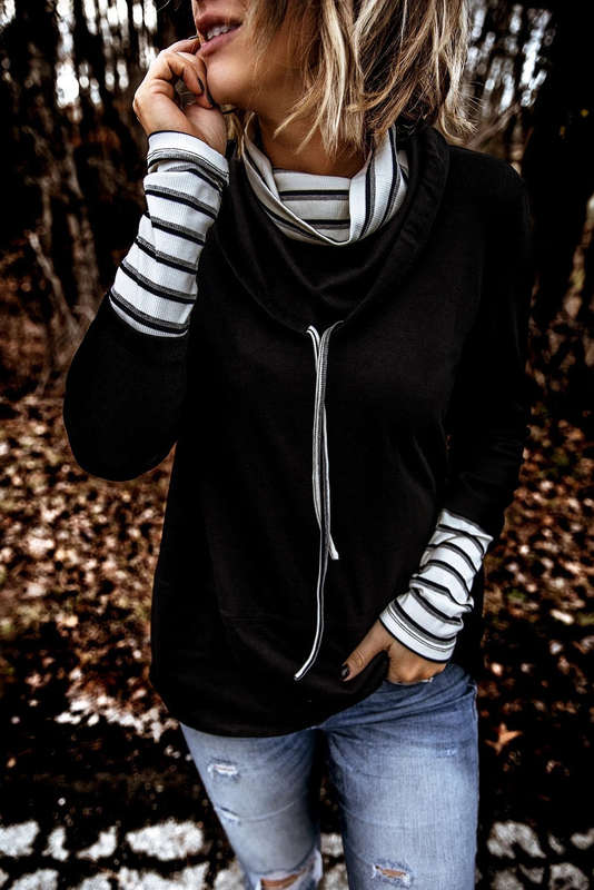 Striped Splicing High Neck Sweatshirt