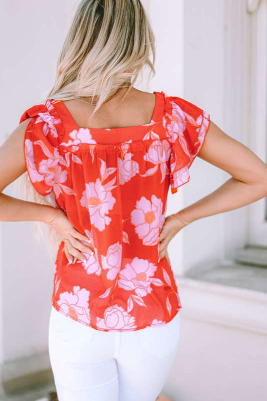 Red Floral Square Neck Ruffle Sleeve Blouse