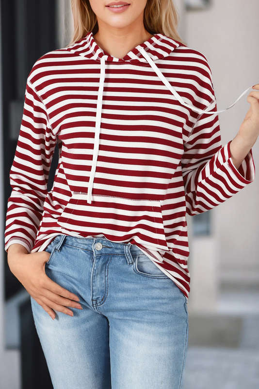 Biking Red Stripe Kangaroo Pocket Drawstring Hoodie