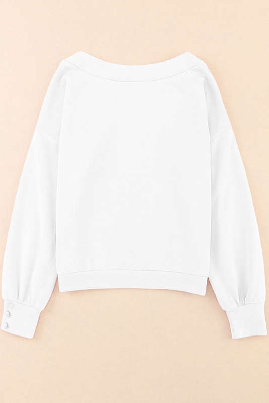White Knitted V Neck Buttoned Cuffs Sweater