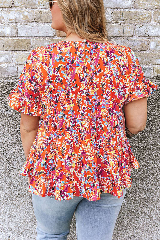 Orange Floral Printed Ruffle Sleeve Curvy Babydoll Blouse