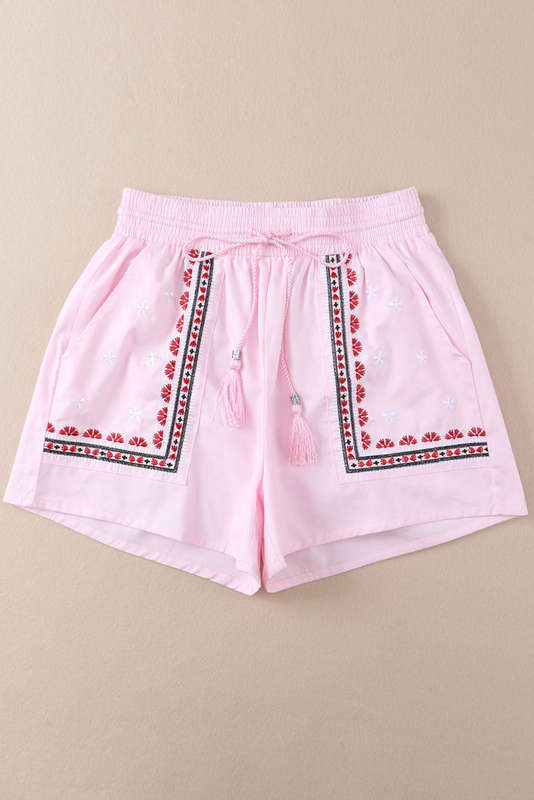 Pink Boho Embroidered Floral Tasseled Drawstring Waist Casual Shorts