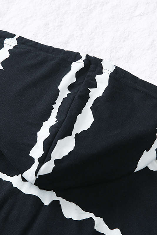 Black Striped Drawstring Button Long Sleeve Hoodie