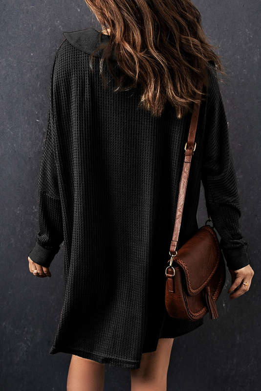 Black Waffle Knit Buttoned Long Sleeve Top