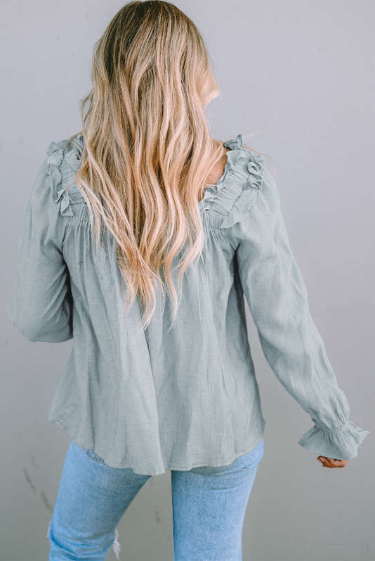 Green Ruffled Square Neck Cuffs Long Sleeve Blouse