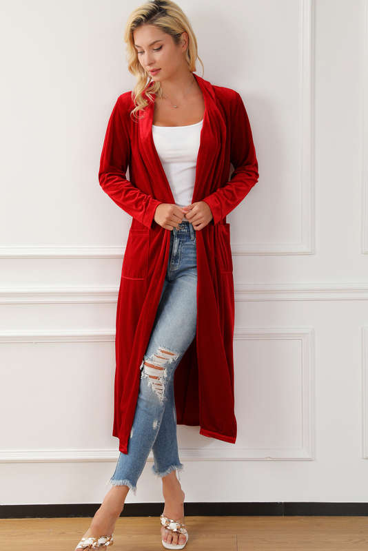 Red Velvet Open Front Pocketed Long Duster