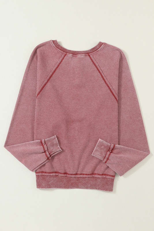 Red Waffle Knit Raglan Sleeve Henley Sweatshirt