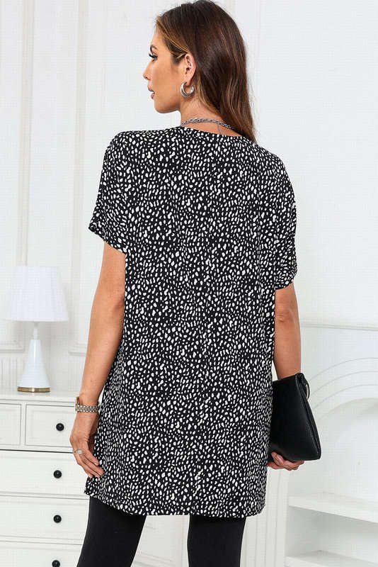 Black Leopard Print Side Pockets Tunic Top