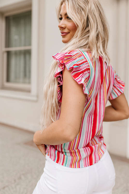Stripe Abstract Print Stitching Ruffle Sleeve Blouse