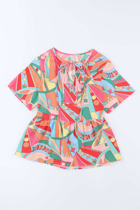 Multicolor Boho Abstract Pattern Split V Neck Flowy Blouse