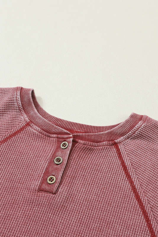 Red Waffle Knit Raglan Sleeve Henley Sweatshirt