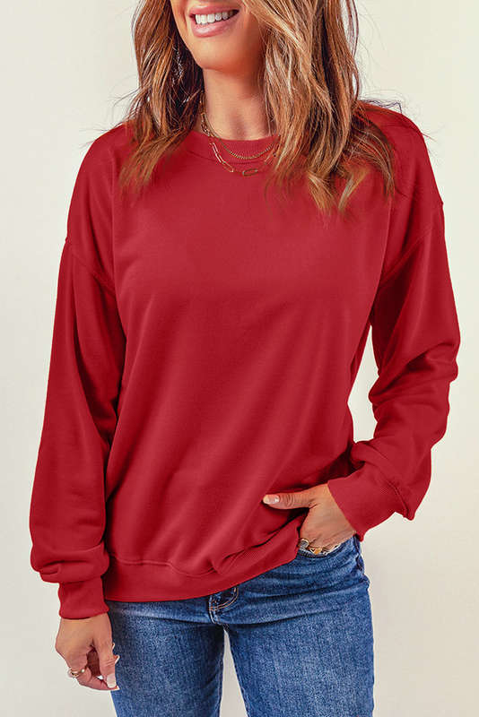 Red Plain Crew Neck Pullover Sweatshirt