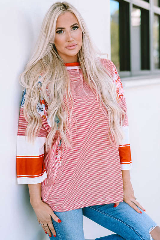 Fiery Red Pinstriped Color Block Patchwork Oversized Top