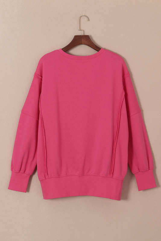 Rose Exposed Seam Drop Shoulder Slit High Low Hem Sweatshirt
