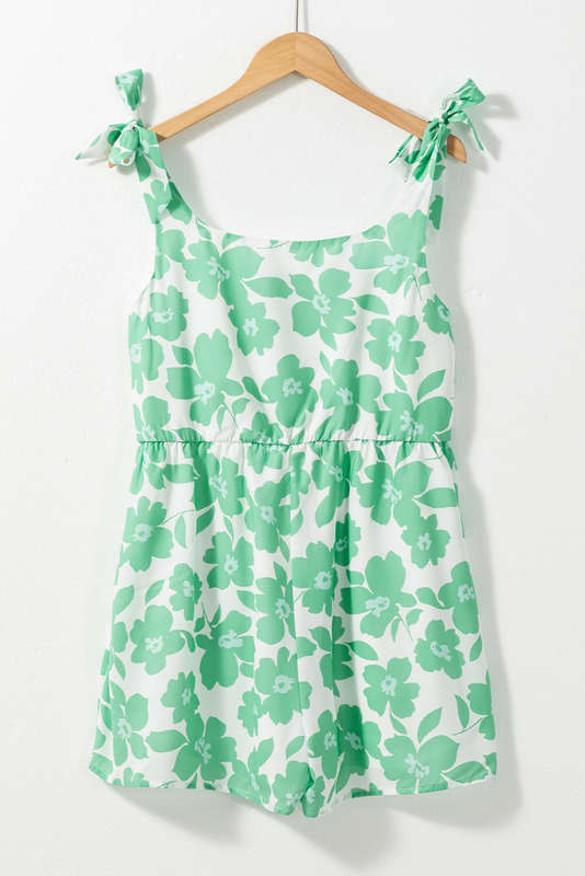 Green Flower Print Knotted Straps Square Neck Romper