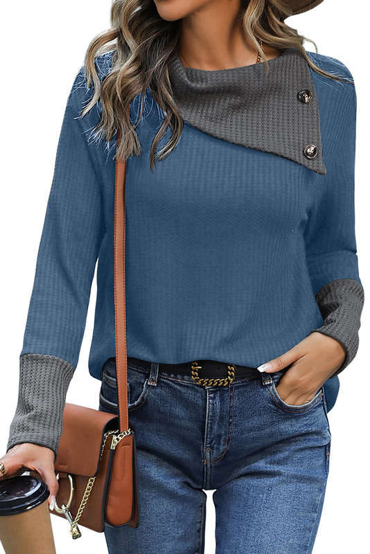 Sail Waffle Knit Patchwork Colorblock Asymmetrical Neck Top
