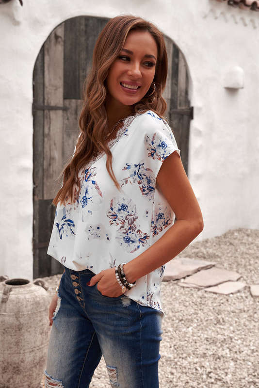 White White/Apricot Floral Scalloped V Neck Short Sleeves Top Black Polka Dot Scalloped V Neck Sh...