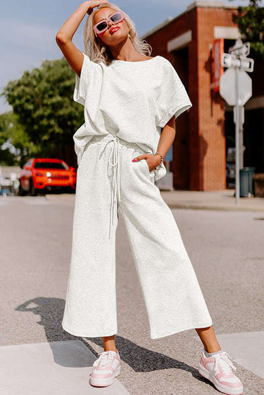 Bright White Textured Loose Fit T Shirt and Drawstring Pants Set