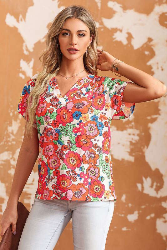Red Floral Split Neck Top