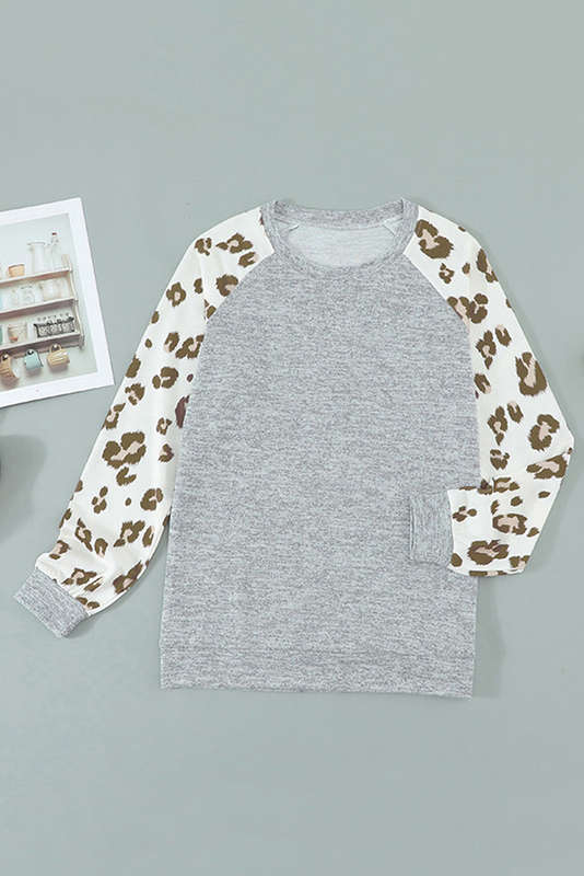 Gray Round Neck Leopard Long Sleeve Top