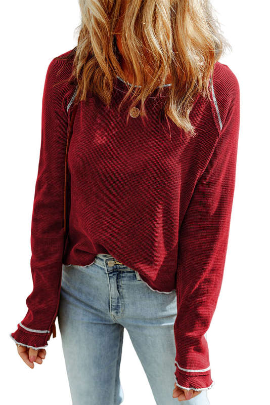 Fiery Red Textured Round Neck Long Sleeve Top