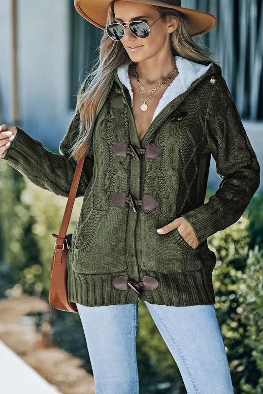 Army Green Fur Hood Horn Button Sweater Cardigan