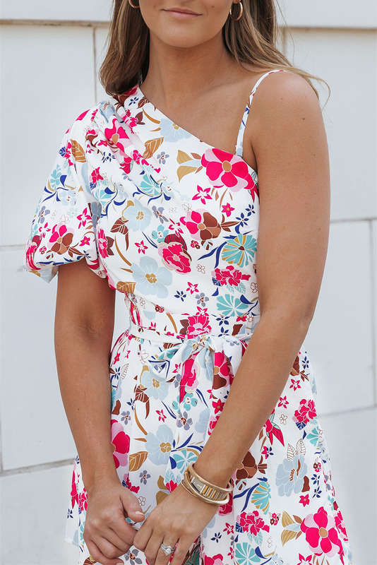 White Floral Single Bubble Sleeve Slant Shoulder Romper