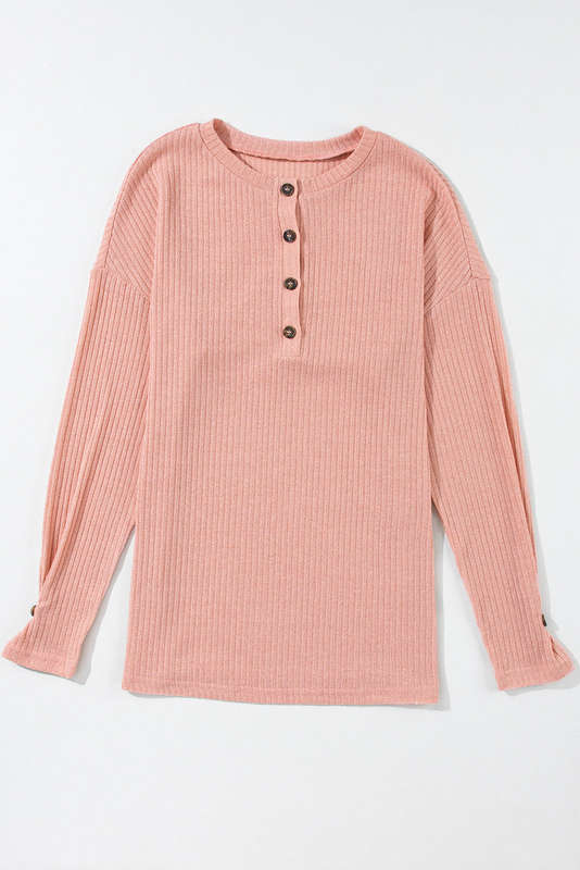 Rose Tan Rib Textured Henley Knit Top