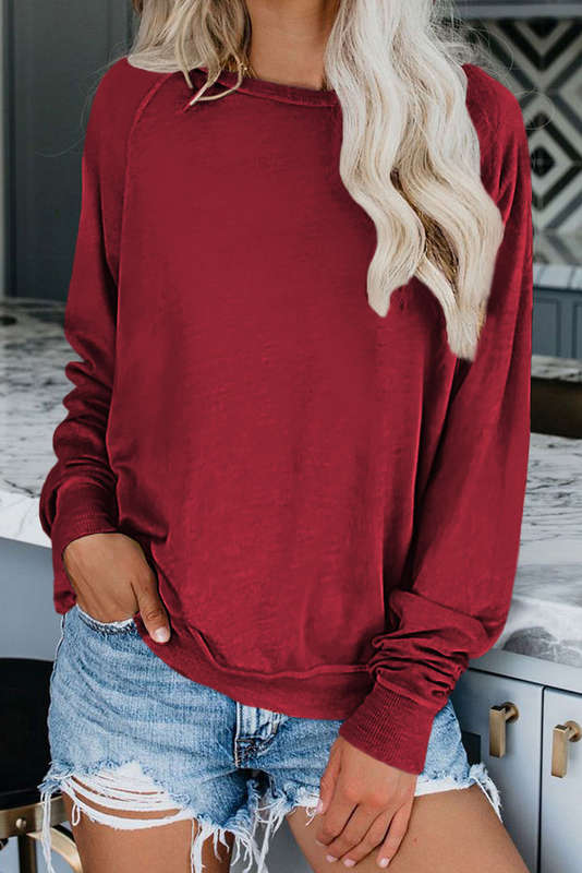 Wine Red Solid Crew Neck Pullover Sweatshirt