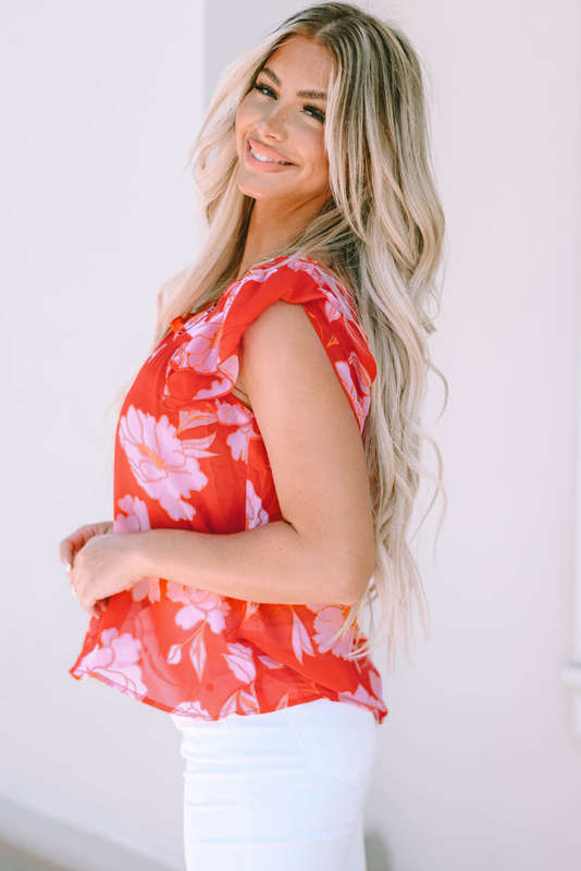 Red Floral Square Neck Ruffle Sleeve Blouse