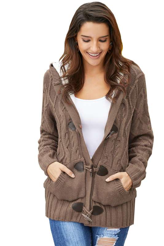 Brown Fur Hood Horn Button Sweater Cardigan