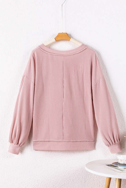 Peach Blossom Loose V Neck Bubble Sleeve Knit Ribbed Top