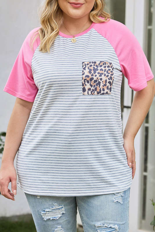 Stripe Leopard Patch Pocket Plus Size Raglan Sleeve Tee