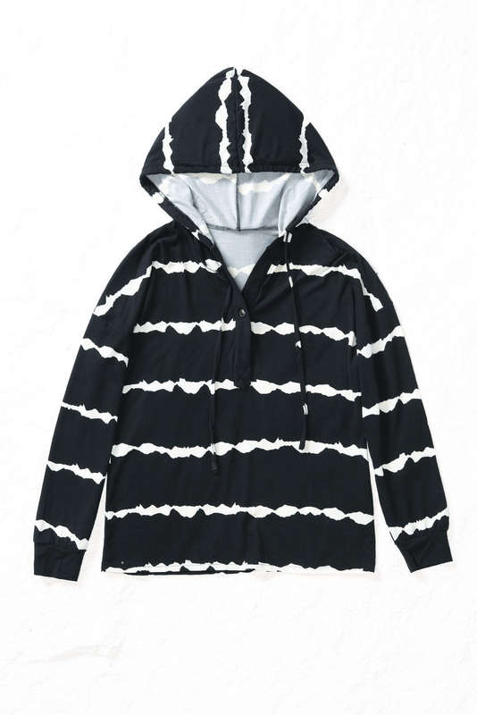 Black Striped Drawstring Button Long Sleeve Hoodie