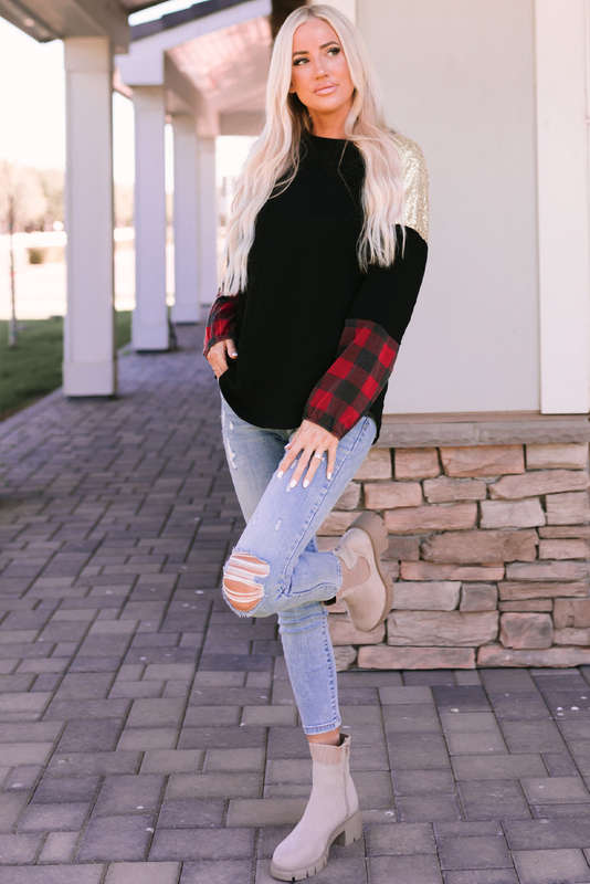 Crewneck Lantern Sleeve Plaid Sequin Splicing Pullover Sweatshirt