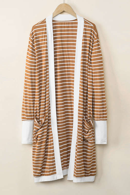 Brown Striped Side Pockets Open Front Cardigan