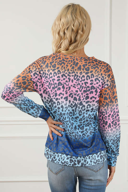 Multicolor Gradient Leopard Print Pullover Sweatshirt
