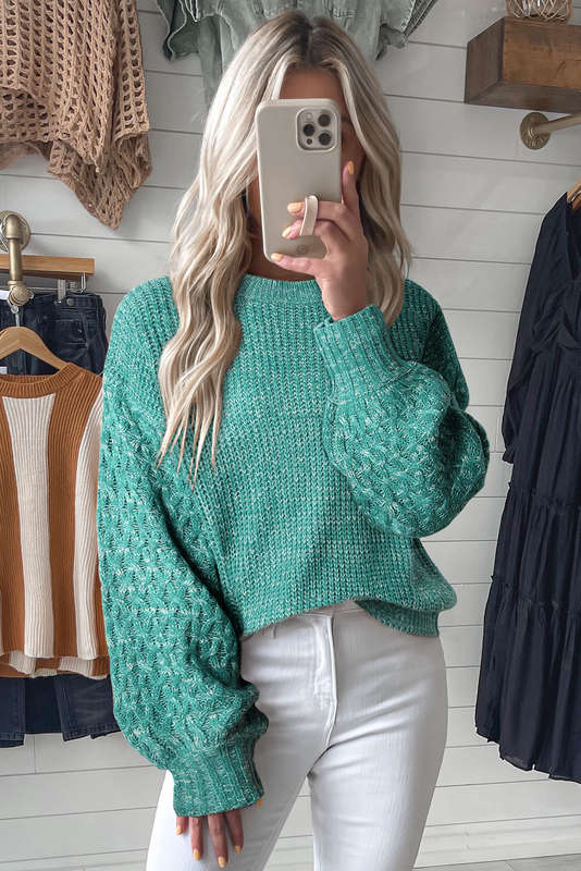 Green Knitted V-Neck Casual Top with Raw Seam Detail