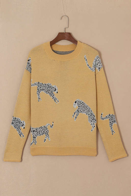 Camel Fuzzy Cheetah Accent Round Neck Sweater
