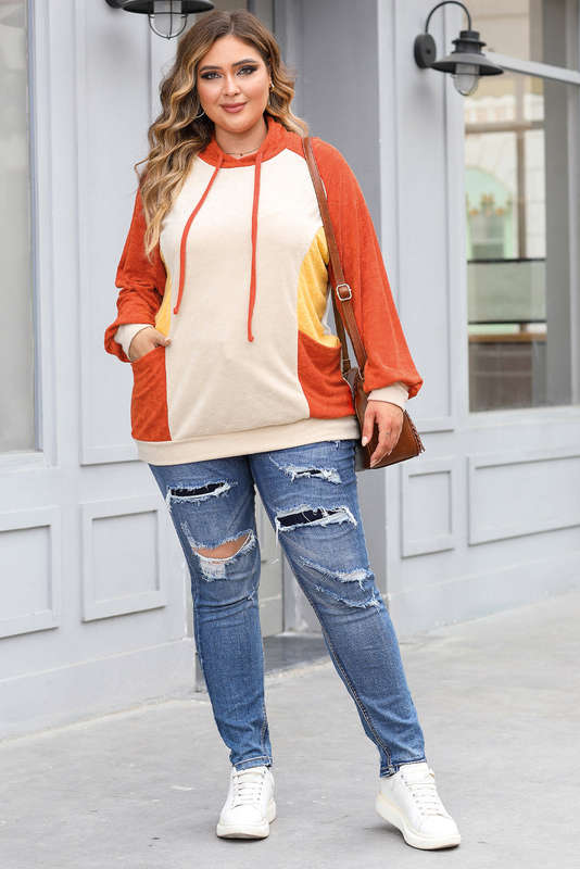 Orange Plus Size Colorblock Raglan Hoodie with Pockets