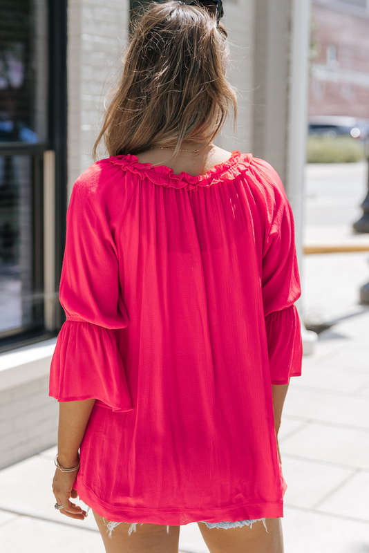 Rose Frilled Split V Neck Ruffled Sleeve Shift Top