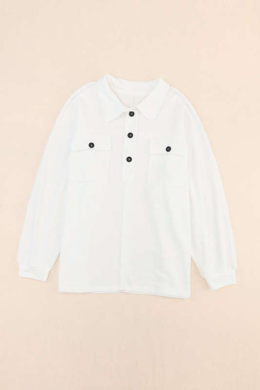 White Plus Size Long Sleeve Flap Pocket Henley Top