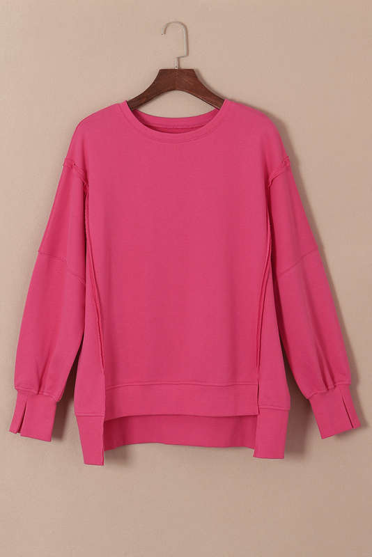 Rose Exposed Seam Drop Shoulder Slit High Low Hem Sweatshirt